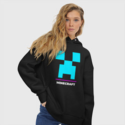 Толстовка оверсайз женская Символ Minecraft в неоновых цветах, цвет: черный — фото 2