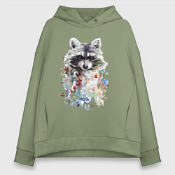 Толстовка оверсайз женская Мордочка енота - акварель, цвет: авокадо