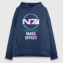 Толстовка оверсайз женская Mass Effect в стиле glitch и баги графики, цвет: тёмно-синий
