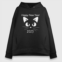 Толстовка оверсайз женская С новым 2023 годом котик, цвет: черный
