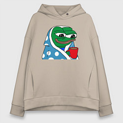 Толстовка оверсайз женская Frog Pepe мем, цвет: миндальный