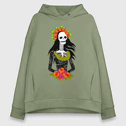 Толстовка оверсайз женская Девушка скелет муэрте, цвет: авокадо