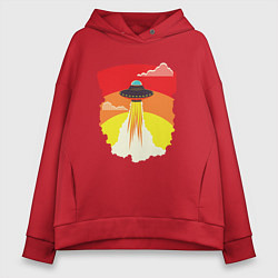 Толстовка оверсайз женская Ретро летающий корабль НЛО, цвет: красный