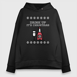 Толстовка оверсайз женская Drink up its Christmas, цвет: черный