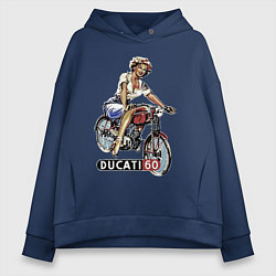 Толстовка оверсайз женская Красивая девушка на мотоцикле Ducati - retro, цвет: тёмно-синий