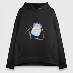 Толстовка оверсайз женская Снеговик катается на лыжах, цвет: черный