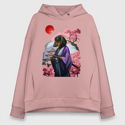 Толстовка оверсайз женская Такса-Самурай весенняя на фоне сакуры, цвет: пыльно-розовый