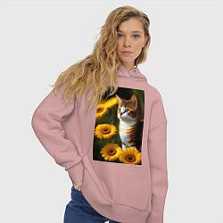 Толстовка оверсайз женская Red cat in flowers, цвет: пыльно-розовый — фото 2