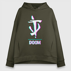 Толстовка оверсайз женская Doom в стиле glitch и баги графики, цвет: хаки