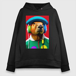 Толстовка оверсайз женская Капибара в наушниках и шляпе - нейросеть, цвет: черный