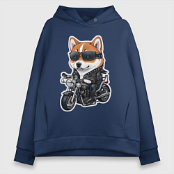 Толстовка оверсайз женская Shiba Inu собака мотоциклист, цвет: тёмно-синий