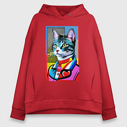 Толстовка оверсайз женская Стильный кот - поп-арт, цвет: красный