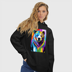 Толстовка оверсайз женская Морда медведя - поп-арт - нейросеть, цвет: черный — фото 2