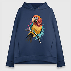 Толстовка оверсайз женская Акварельный попугай, цвет: тёмно-синий