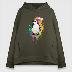 Толстовка оверсайз женская Красочный пингвин, цвет: хаки