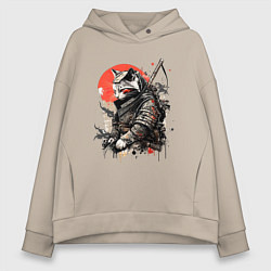 Толстовка оверсайз женская Японский самурай - кот, цвет: миндальный