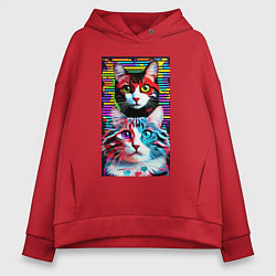 Толстовка оверсайз женская Обалдевшие кот и кошка с разными глазами - поп-арт, цвет: красный