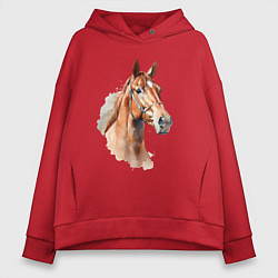 Толстовка оверсайз женская Акварельная коричневая лошадь, цвет: красный