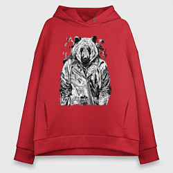 Толстовка оверсайз женская Медвежара в кожаной косухе, цвет: красный