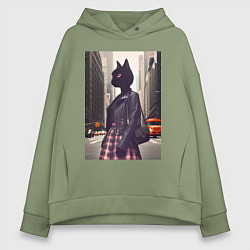 Толстовка оверсайз женская Cat fashionista - New York - ai art, цвет: авокадо