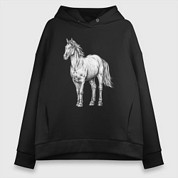 Толстовка оверсайз женская Белая лошадь стоит, цвет: черный