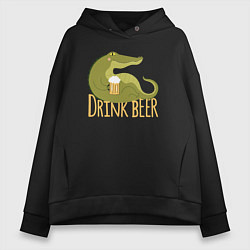 Толстовка оверсайз женская Крокодил пьёт пиво, цвет: черный