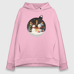 Толстовка оверсайз женская Ёлочный шарик со снеговиками и свечами, цвет: светло-розовый