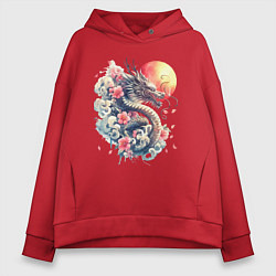 Женское худи оверсайз Японский дракон на фоне солнца и цветки сакуры