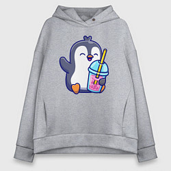 Толстовка оверсайз женская Пингвин с напитком, цвет: меланж