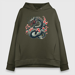 Толстовка оверсайз женская Japanese dragon and sakura - irezumi, цвет: хаки