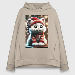Толстовка оверсайз женская Котик в новогоднем свитере, цвет: миндальный