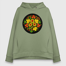 Толстовка оверсайз женская Хохломская роспись цветы и ягоды в чёрном круге, цвет: авокадо