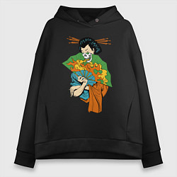 Толстовка оверсайз женская Японка с веером, цвет: черный