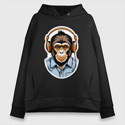 Толстовка оверсайз женская Портрет обезьяны в наушниках, цвет: черный