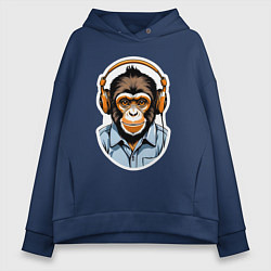 Толстовка оверсайз женская Портрет обезьяны в наушниках, цвет: тёмно-синий