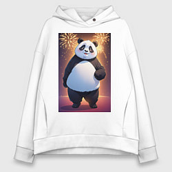 Толстовка оверсайз женская Панда в свитере под салютом - ai art, цвет: белый
