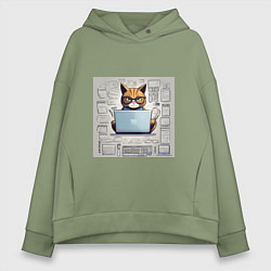 Толстовка оверсайз женская Кот программист за ноутбуком, цвет: авокадо
