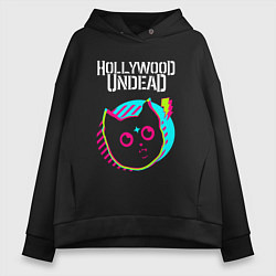 Толстовка оверсайз женская Hollywood Undead rock star cat, цвет: черный