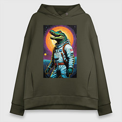Толстовка оверсайз женская Крокодил космонавт - нейросеть, цвет: хаки