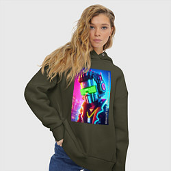 Толстовка оверсайз женская Minecraft and cyberpunk - collaboration ai art, цвет: хаки — фото 2