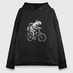Женское худи оверсайз Капибара на велосипеде в черном цвете
