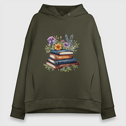 Женское худи оверсайз Стопка книг с полевыми цветами