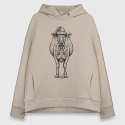 Толстовка оверсайз женская Новогодняя корова анфас, цвет: миндальный