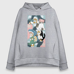 Толстовка оверсайз женская Котики и зверята милые стикер-мемы, цвет: меланж