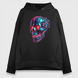 Толстовка оверсайз женская Metal cyber skull - ai art, цвет: черный