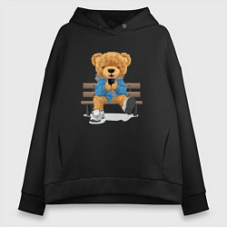 Толстовка оверсайз женская Плюшевый медведь на скамейке, цвет: черный