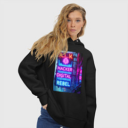 Толстовка оверсайз женская Ai hacker digital rebel - neon glow, цвет: черный — фото 2