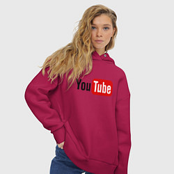 Толстовка оверсайз женская You tube logo, цвет: маджента — фото 2