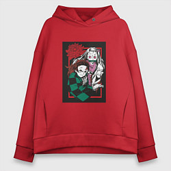 Толстовка оверсайз женская Клинок рассекающий демонов Незуко и Тандзиро цвето, цвет: красный