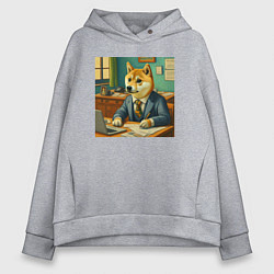 Толстовка оверсайз женская Мемная собака Doge в костюме грустно работает за с, цвет: меланж